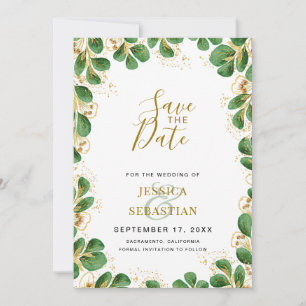 Save The Date Élégante photo Emerald Green & Gold Eucalyptus