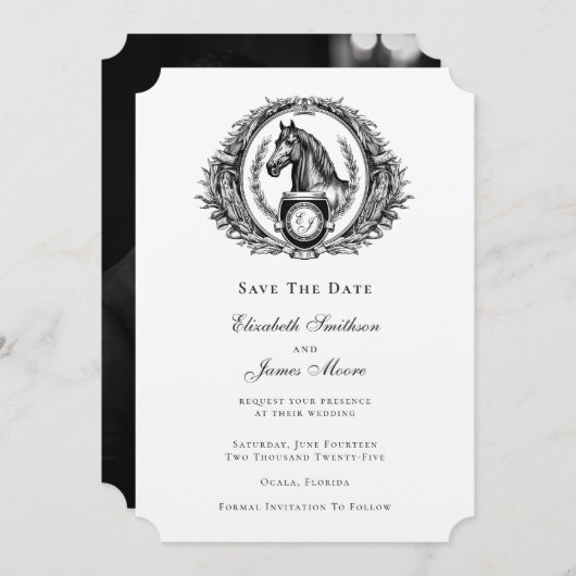 Save The Date Élégante photo Equestre Formelle Monogram Crest (Devant / Derrière)