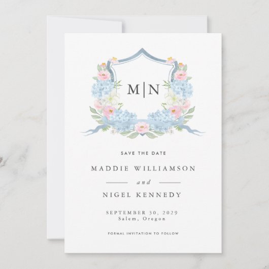 Save The Date Élégante photo Monogramme bleu Enregistrer la date (Devant)