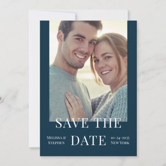 Save The Date Élégante photo QR Code Mariage bleu foncé (Devant)