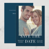 Save The Date Élégante photo QR Code Mariage bleu foncé (Devant / Derrière)