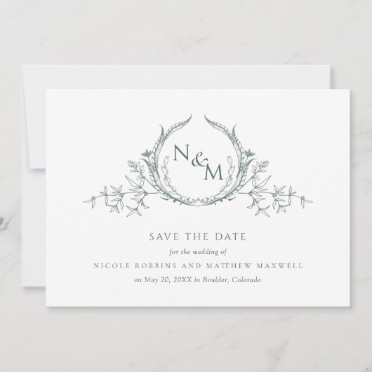 Save The Date Élégante Photo Vert Monogramme Mariage Enregistrer (Devant)