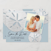 Save The Date Elégante Plage Bleu Dusty Dollars de Sable Blanc P (Devant / Derrière)