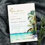 Save The Date Elégante Plage tropicale Aquarelle Palmiers<br><div class="desc">Tropical Watercolor Palm Trees Theme Collection.- c'est un script élégant aquarelle Illustration de palmier tropical tress sur la plage parfait pour votre mariage de plage tropicale & fêtes. Il est très facile de customiser, avec vos données personnelles. Si vous avez besoin d'un autre produit correspondant ou de la personnalisation, veuillez...</div>