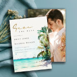 Save The Date Elégante Plage tropicale Aquarelle Palmiers Photo<br><div class="desc">Tropical Watercolor Palm Trees Theme Collection.- c'est un script élégant aquarelle Illustration de palmier tropical tress sur la plage parfait pour votre mariage de plage tropicale & fêtes. Il est très facile de customiser, avec vos données personnelles. Si vous avez besoin d'un autre produit correspondant ou de la personnalisation, veuillez...</div>