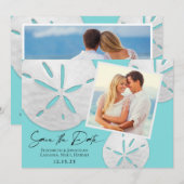 Save The Date Elégante plage Turquoise sable blanc Dollars Photo (Devant / Derrière)
