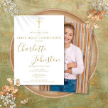 Save The Date Élégante première sainte communion signature d'or<br><div class="desc">Élégante signature d'or Première Sainte Communion enregistrer l'invitation de date avec un élégant nom de signature d'écriture dorée et photo spéciale au verso. Personnalisez avec vos informations spéciales d'événement en lettres dorées chic sur ce design neutre pour les hommes et les femmes. Conçu par Thisisnotme©</div>
