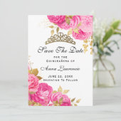 Save The Date Élégante Quinceanera Florale Rose Chaud (Debout devant)