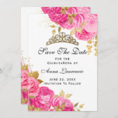 Save The Date Élégante Quinceanera Florale Rose Chaud (Devant / Derrière)