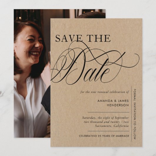 Save The Date Élégante Renouvellement de Vœux Photo Kraft Textur (Devant / Derrière)