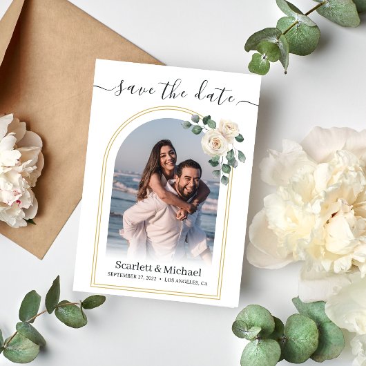 Save The Date Elégante Rose blanche moderne et Mariage d'arc dor