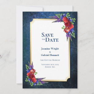 Save The Date Elégante Rose rouge avec Mariage frontière or