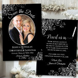 Save The Date Elégante Silver Grey & Black Mariage Photo Fancy<br><div class="desc">Ces belles cartes sont une excellente façon de faire savoir à vos amis et à votre famille de sauver la date pour votre prochain mariage. Ils présentent un design noir élégant avec votre photo dans un cadre ovale entouré de fraises gris argenté orné et de lettres de script fantaisie avec...</div>