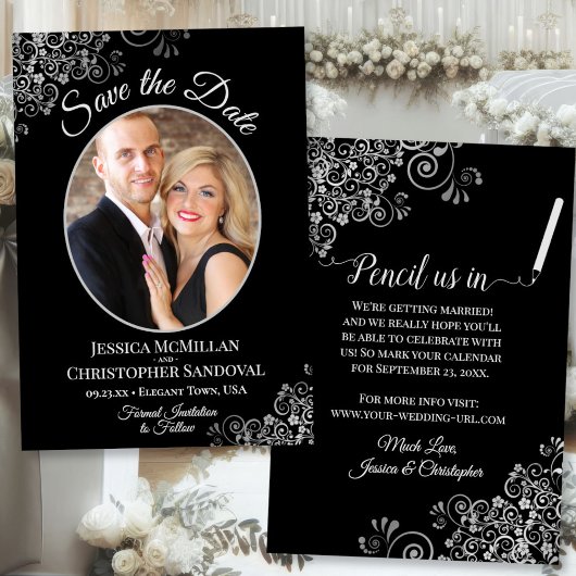 Save The Date Elégante Silver Grey & Black Mariage Photo Fancy