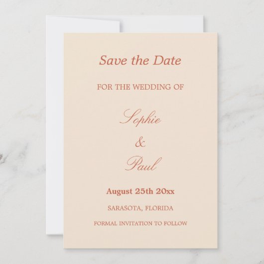 Save The Date Élégante Terracotta Script Mariage Enregistrer la  (Devant)