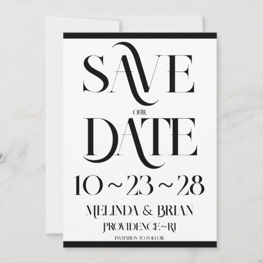 Save The Date Élégante typographie Flare noir et blanc (Devant)