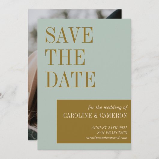 Save The Date Élégante typographie Mariage photo Blue Gold (Devant / Derrière)