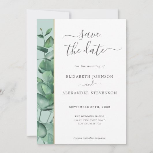 Save The Date Elégante végétation moderne eucalyptus mariage sim (Devant)