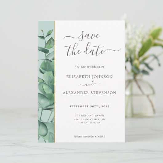 Save The Date Elégante végétation moderne eucalyptus mariage sim (Debout devant)