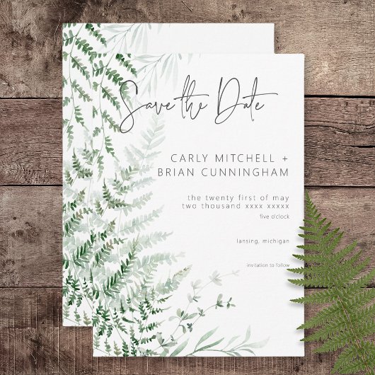 Save The Date Élégante verdure délicate fougères mariage