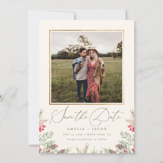 Save The Date Elégante verdure d'hiver Aquarelle Mariage Photo (Devant)