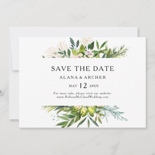Save The Date Élégante verdure d'olive horizontale Enregistrer l (Devant)