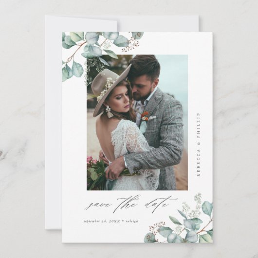 Save The Date Elégante verdure Eucalyptus Mariage Photo QR Code (Devant)