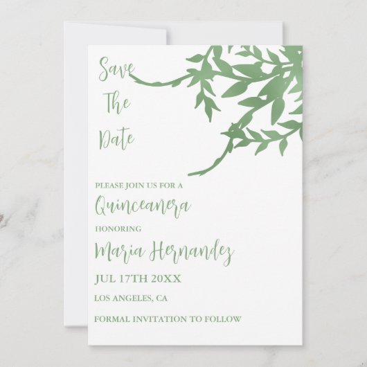 Save The Date Elégante verdure Quinceañera (Devant)