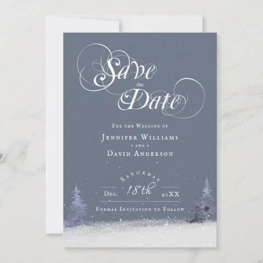 Save The Date Elégante Wonderland hiver à thème Dusty Blue neige (Devant)