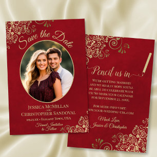 Save The Date Élégantes Boucles d'Or Ovales Photo Mariage Rouge