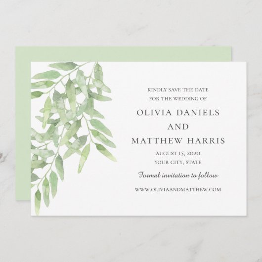 Save The Date Élégantes Branches D'Olivier. Mariage simple botan (Devant / Derrière)