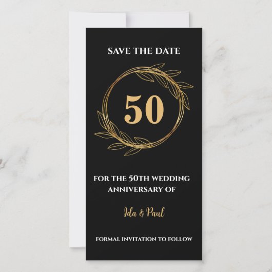 Save The Date Élégantes feuilles noires et or 50e anniversaire d (Devant)