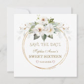 Save The Date Élégantes fleurs blanches Sweet sixteen or (Devant)