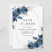Save The Date Élégantes Fleurs Bleu Marine & Code QR de Mariage (Devant)