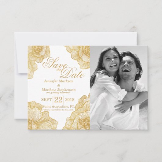 Save The Date Élégantes Fleurs Dorées Simples Faire Part de Date (Devant)