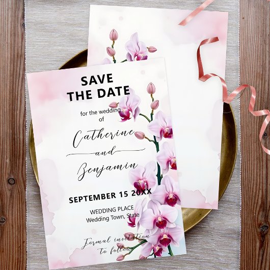 Save The Date Élégantes Orchidées Papillons Fleurs Rose pour Mar