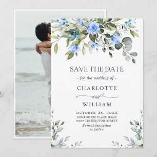 Save The Date Élégantes Roses Bleues De Floraison De Eucalyptus 