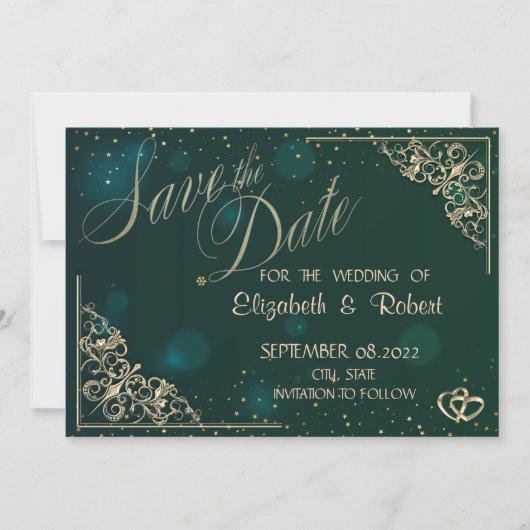 Save The Date Élégants Cœurs Dorés Cadre Vert Faire Part de Date (Devant)