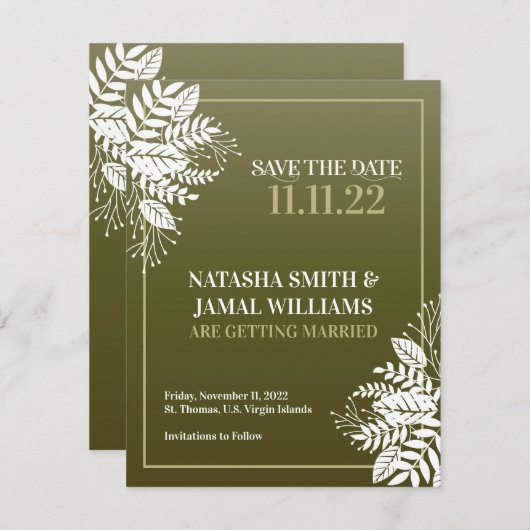 Save The Date Élégants Feuilles blancs, Vert olive (Devant / Derrière)