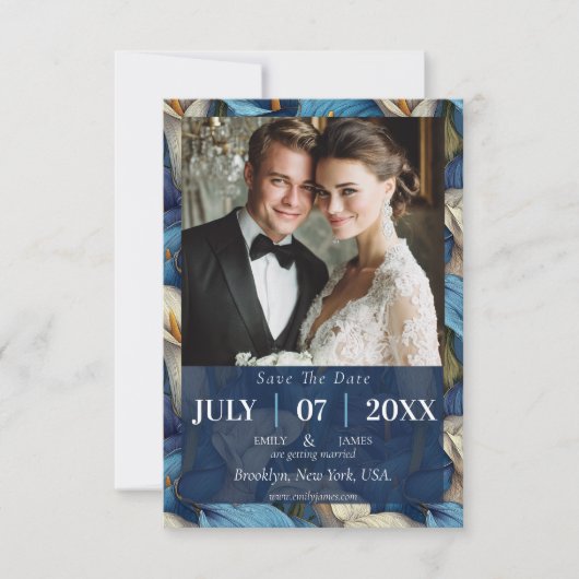 Save The Date Élégants lys calla bleus charment un mariage rusti (Devant)