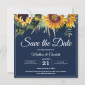 Save The Date Élégants Tournesols Mariage Floral Bleu Nuit (Devant)