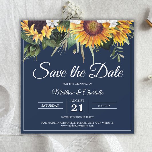 Save The Date Élégants Tournesols Mariage Floral Bleu Nuit
