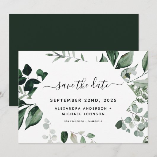 Save The Date Éléments de verdure botanique aquarelle mariage en (Devant / Derrière)