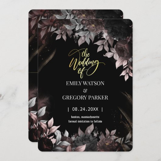 Save The Date Elgant Gothique Rouille Noir Roses (Devant / Derrière)