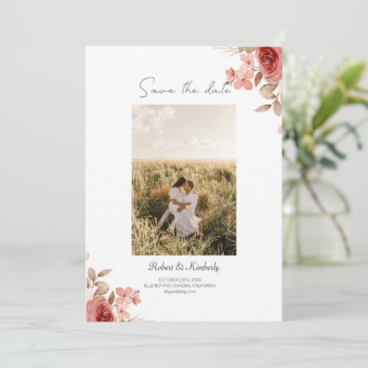 Save The Date ELLE Fleur Rose Élégant Mariage Enregistrer La Dat (Debout devant)