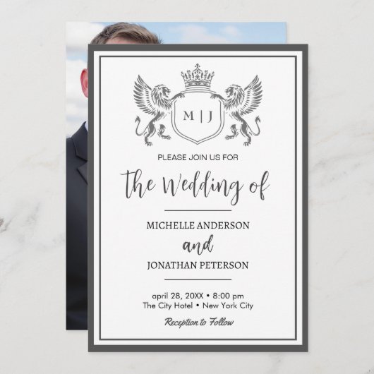 Save The Date Emblème de la Couronne royale Lions Monogramme Mar (Devant / Derrière)