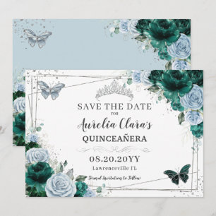 Save The Date Emerald Blue Floral Silver Quinceanera XV Sweet 16