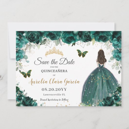 Save The Date Emerald Floral Princess Quinceañera Enregistrer la (Devant)