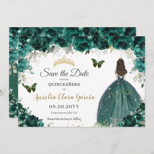 Save The Date Emerald Floral Princess Quinceañera Enregistrer la (Devant / Derrière)