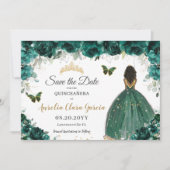 Save The Date Emerald Floral Princess Quinceañera Enregistrer la (Devant)